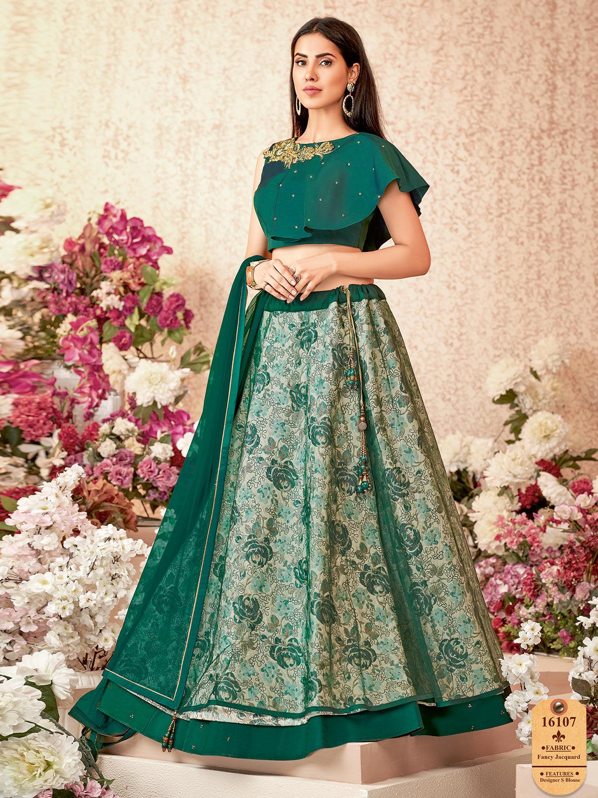 Women's Emerald Green Jacquard Silk Net Designer Lehenga Chol
