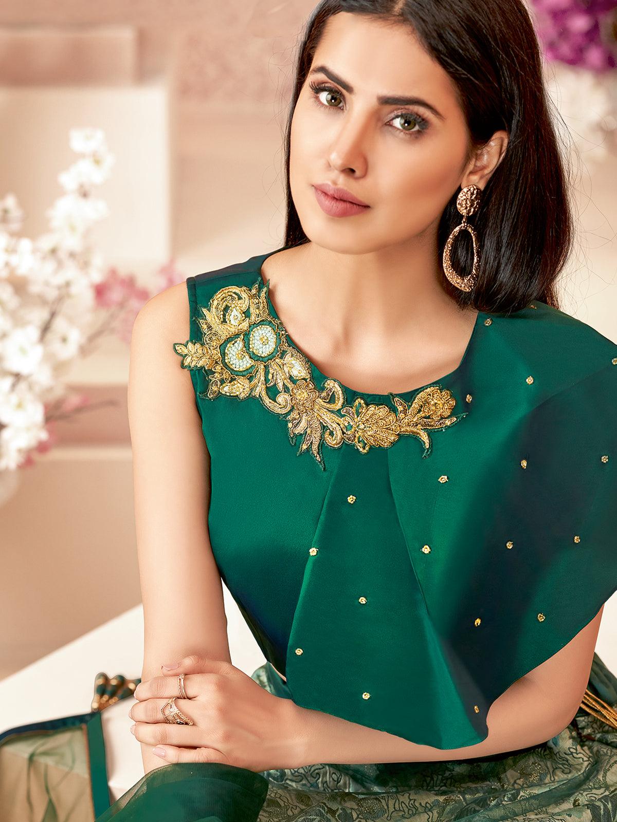 Women's Emerald Green Jacquard Silk Net Designer Lehenga Choli - Odette