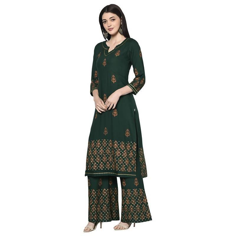 Women's Bottle Green Rayon Block print straight kurta Palazzo set