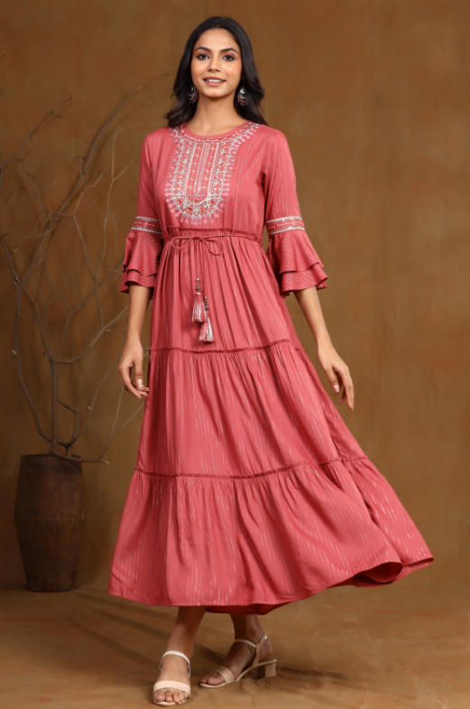 Women's Rosepink Rayon Lurex Embroidered Tiered Dress - Juniper