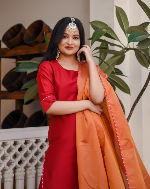 Women's Rose Red Suit With Contrast Dupatta - Indian Virasat