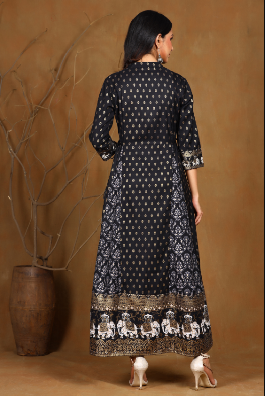 Women's Black Rayon Printed Anarkali Dress - Juniper