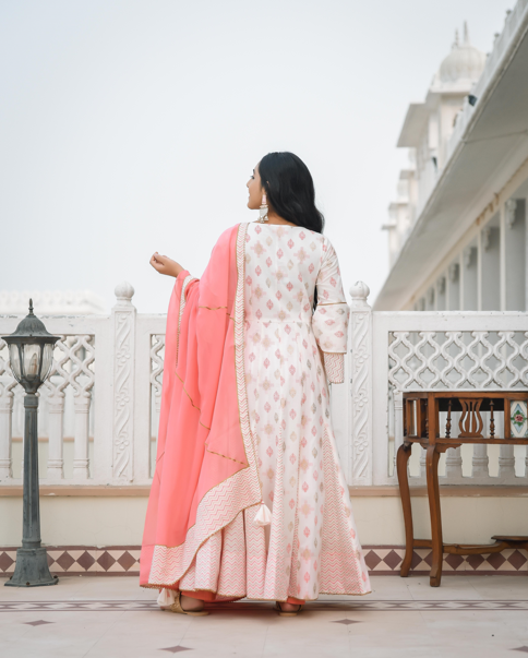 Women's Coconut White Printed Anarkali Suit Set - Indian Virasat