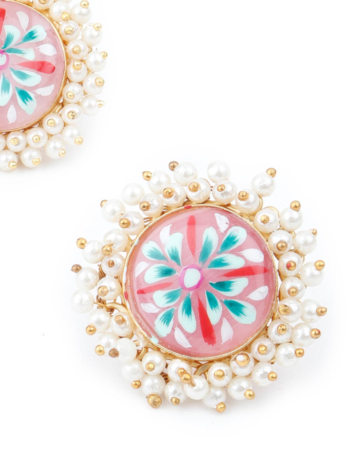 Women's Ethnic Pink Floral Tinted Studs - Odette