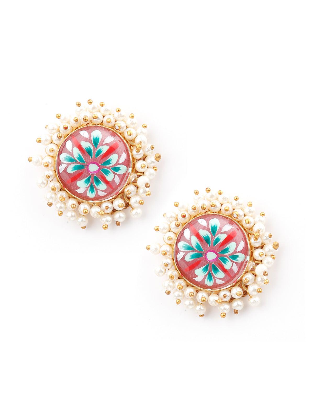 Women's Ethnic Pink Floral Tinted Studs - Odette