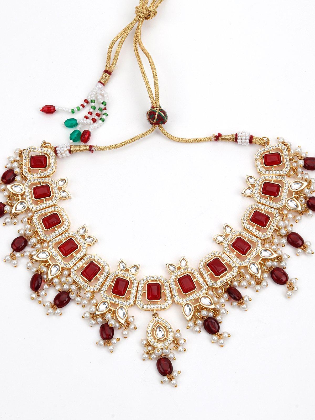 Women's Ethnic Red & Gold Necklace - Odette
