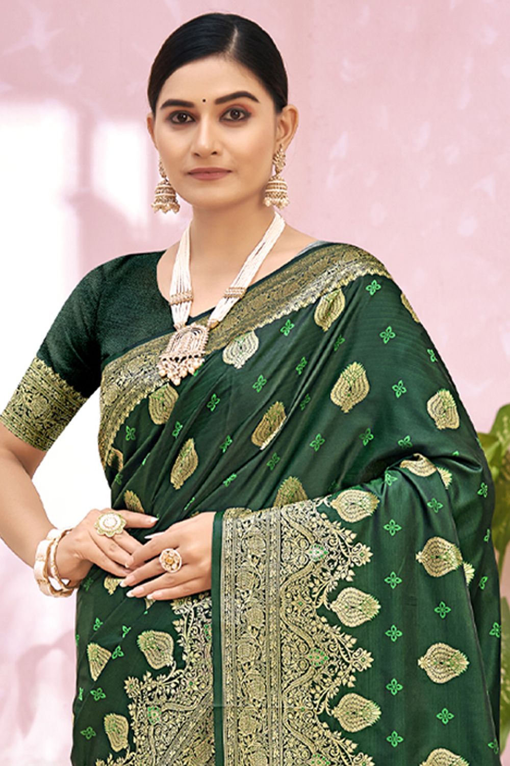 Women's Dark Green Silk Woven Zari Work Traditional Tassle Saree - Sangam Prints