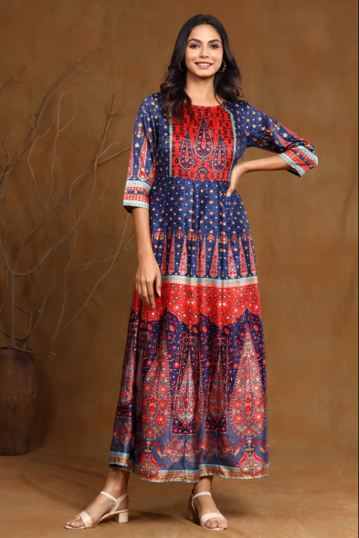 Women's Navyblue Dull Satin Printed Anarkali Dress - Juniper