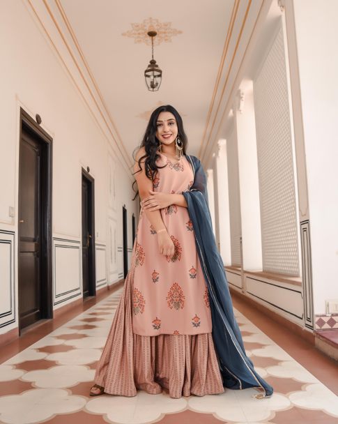 Women's Peach Blossom Mughal Sharara Set - Indian Virasat
