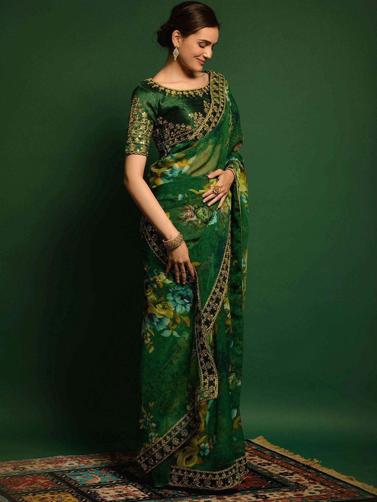 Women's Exceptional Green Printed Georgette Saree - Odette