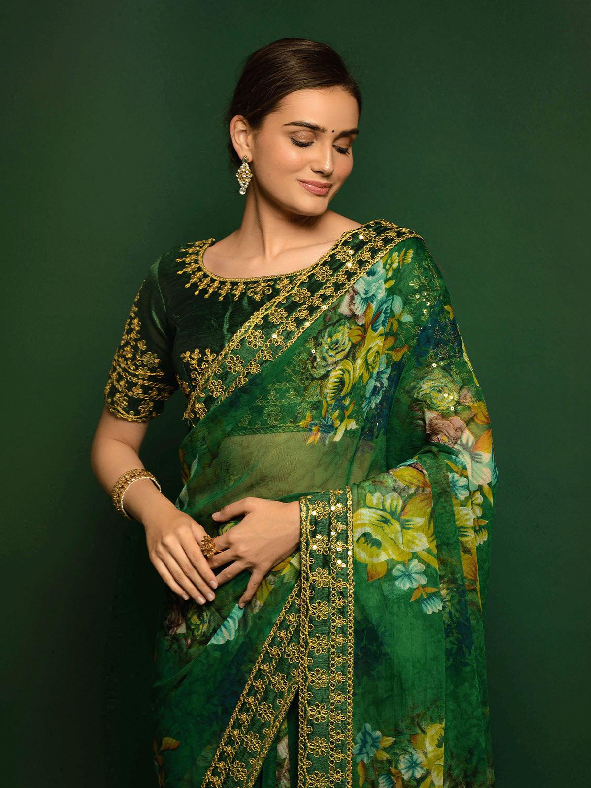 Women's Exceptional Green Printed Georgette Saree - Odette