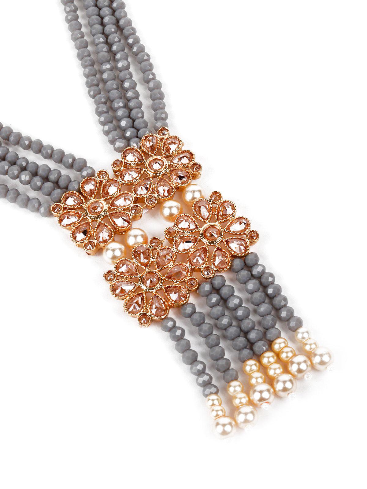 Women's Exclusive Grey Beaded Long Haar Necklace Set - Odette