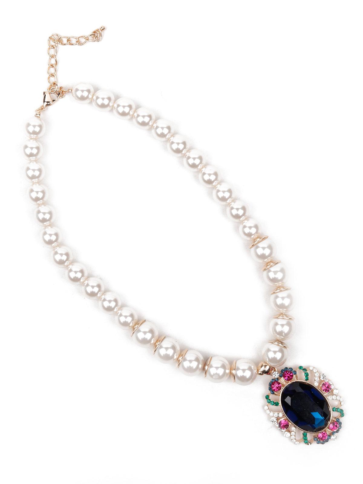 Women's Exquisite Artificial Pearl And Blue Crystal Pendant Necklace - Odette