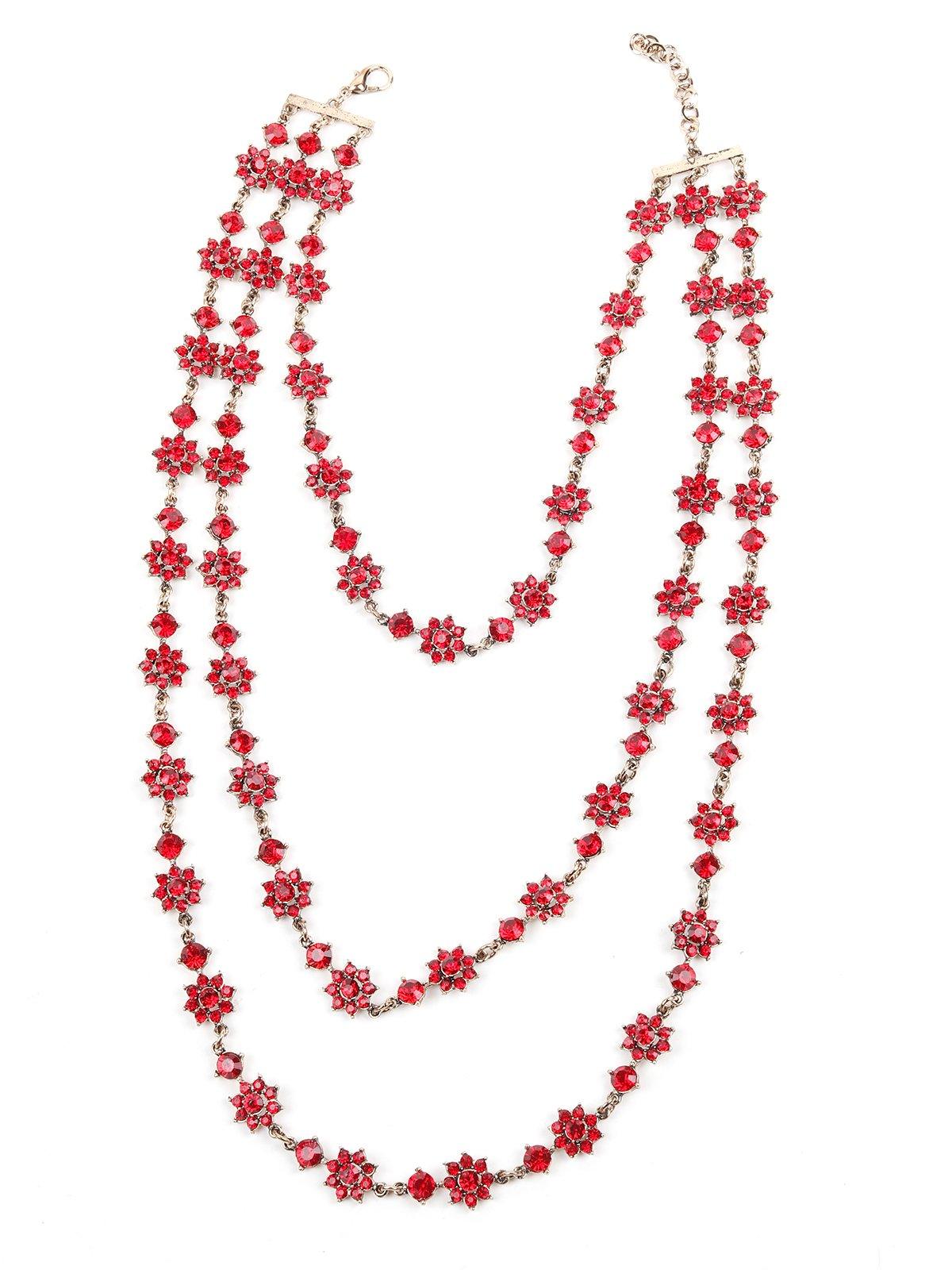 Women's Exquisite Designer 3 Layered Necklace With Crystal. - Red - Odette
