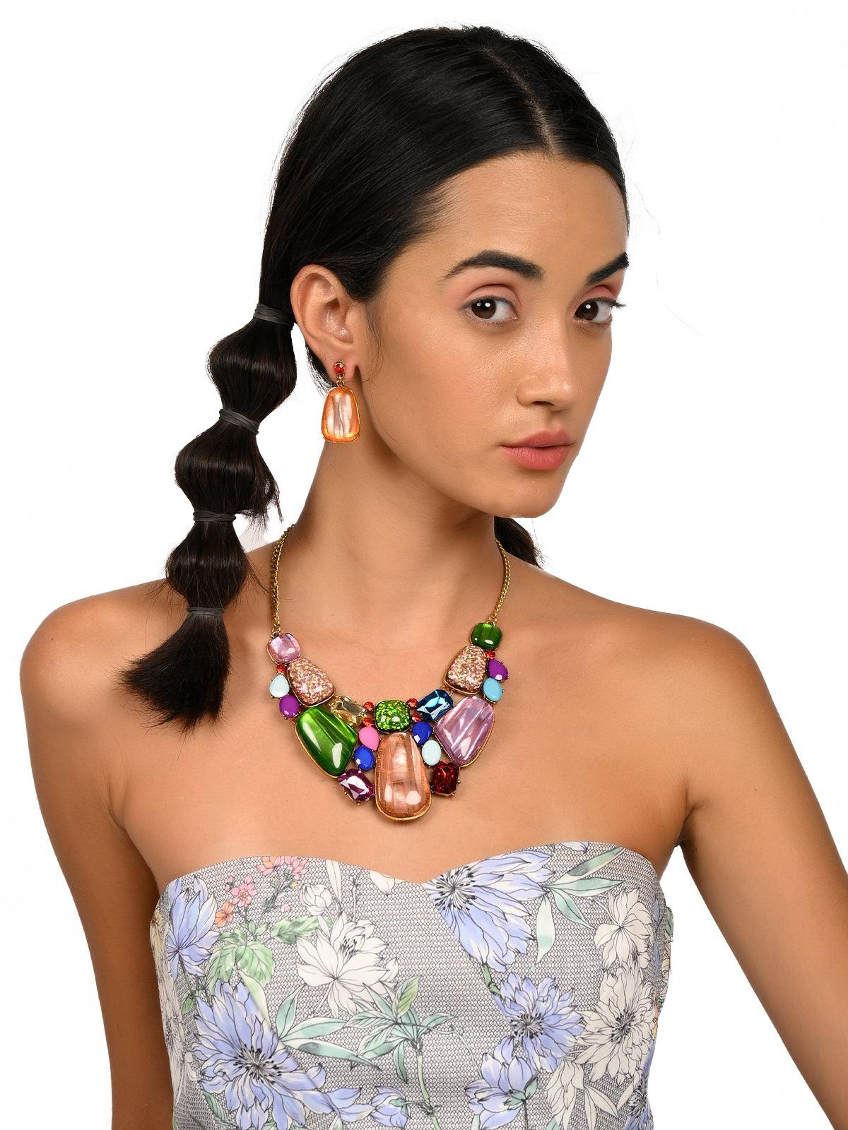 Women's Exquisite Multicoloured Embellished Necklace Set For Women - Odette