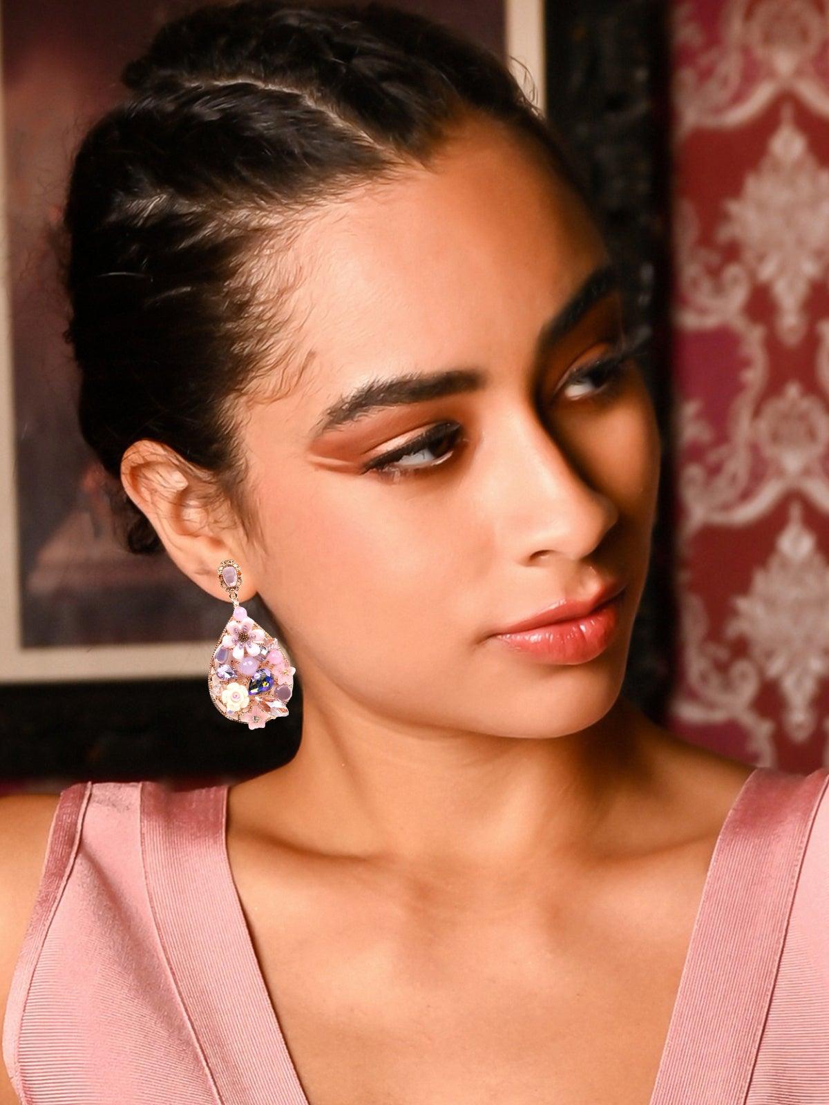 Women's Exquisite Pink 3D Embellished Teardrop Earrings - Odette