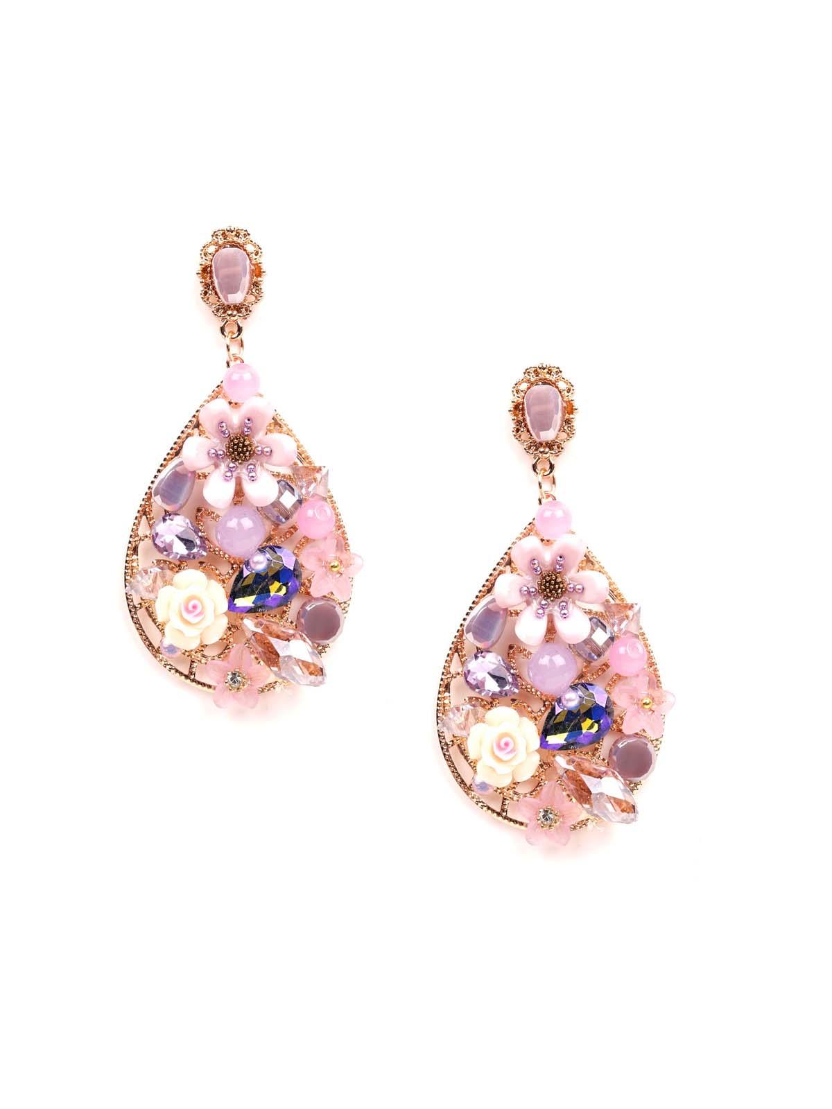 Women's Exquisite Pink 3D Embellished Teardrop Earrings - Odette