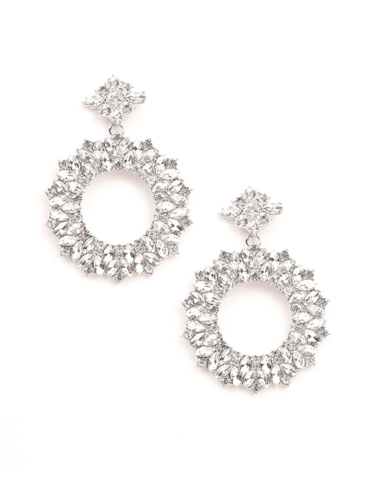 Women's Exquisite Rounded Crystal-Embellished Drop Earrings- Silver - Odette