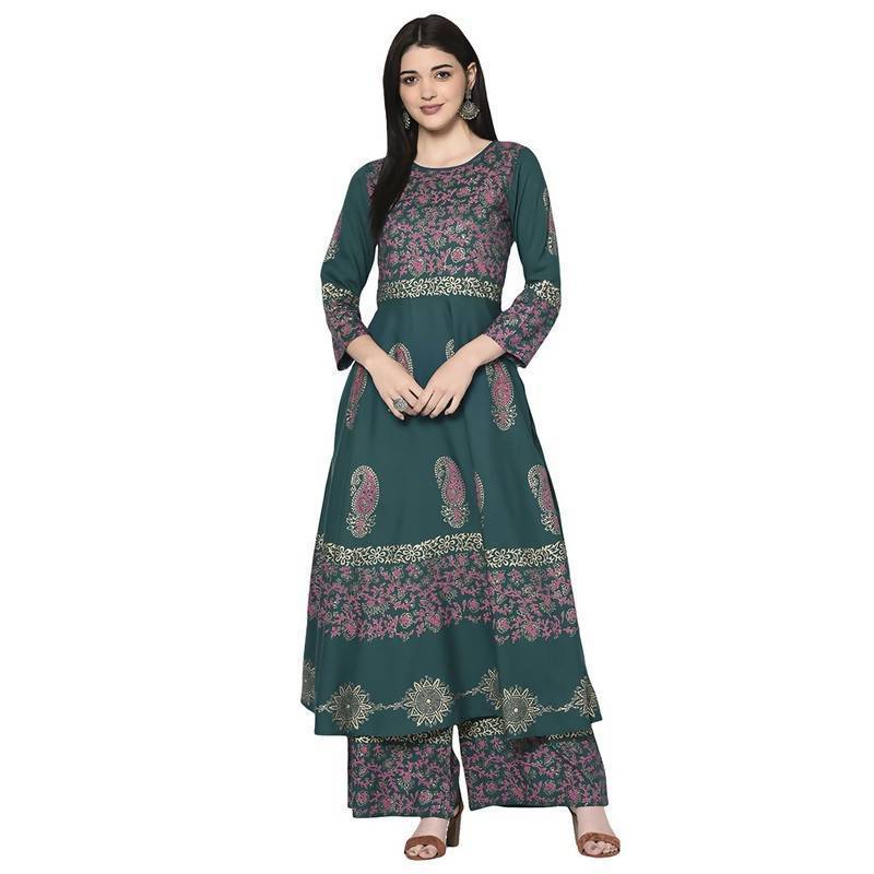 Women's Teal Blue Rayon Block print Anarkali Kurta