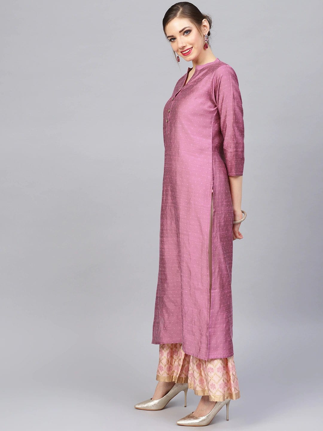 Women's Pink Dobby Woven Design Straight Kurta - Varanga