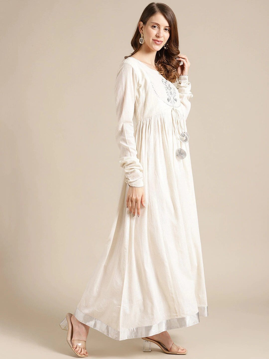 Women's White Floral Yoke Design Thread Work Anarkali Kurta - Varanga
