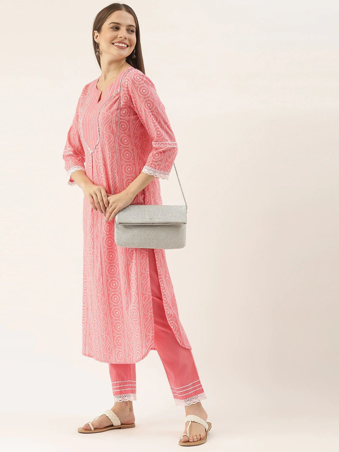 Women's Peach Bandhani Printed Gotta Patti Pure Cotton Kurta with Trousers - Varanga