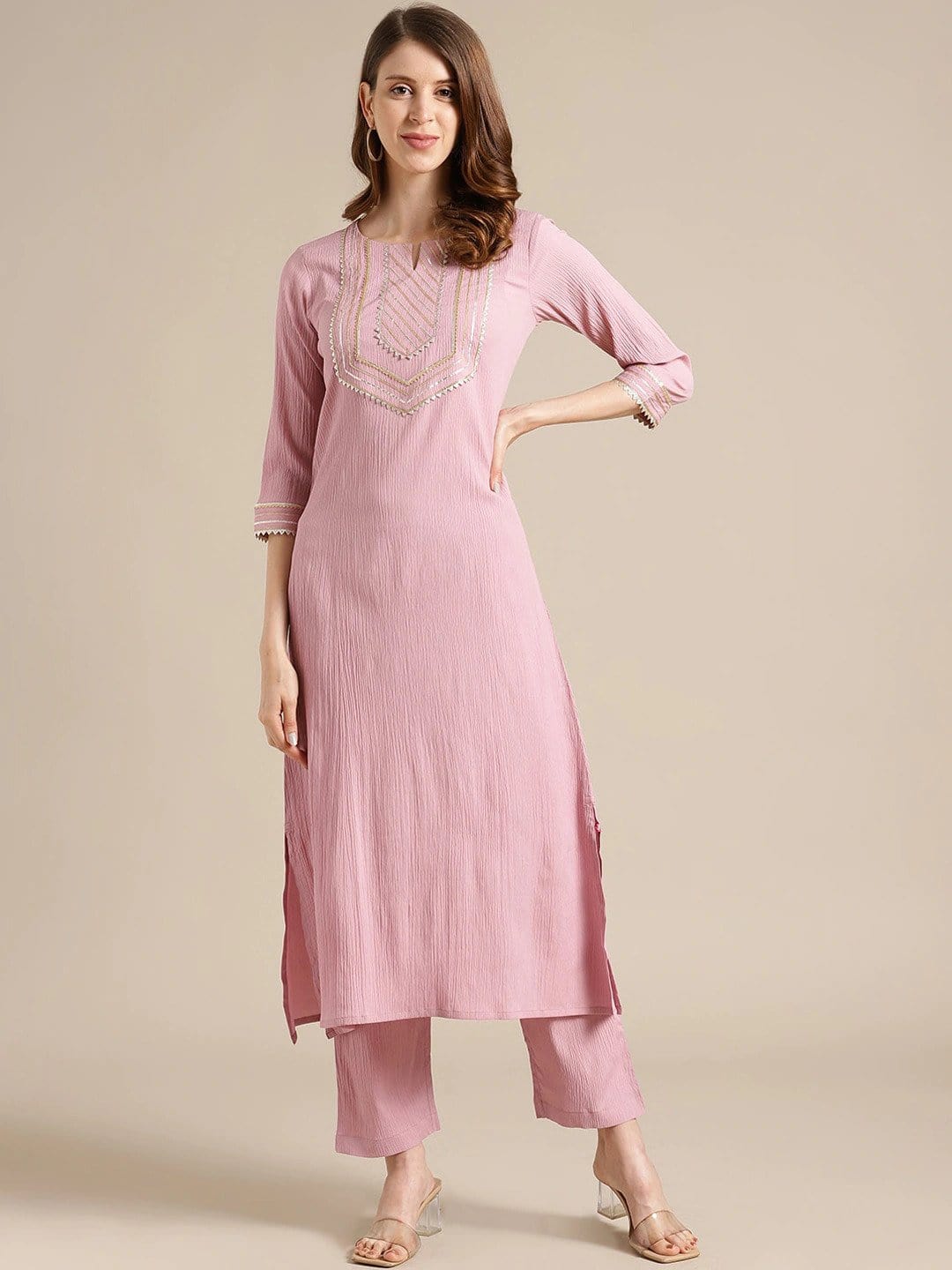 Women's Pink Yoke Design Gotta Patti Crepe Kurta - Varanga