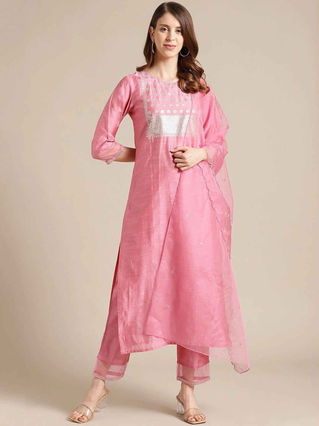 Women's Pink Floral Embroidered Thread Work Kurta with Trousers & With Dupatta - Varanga