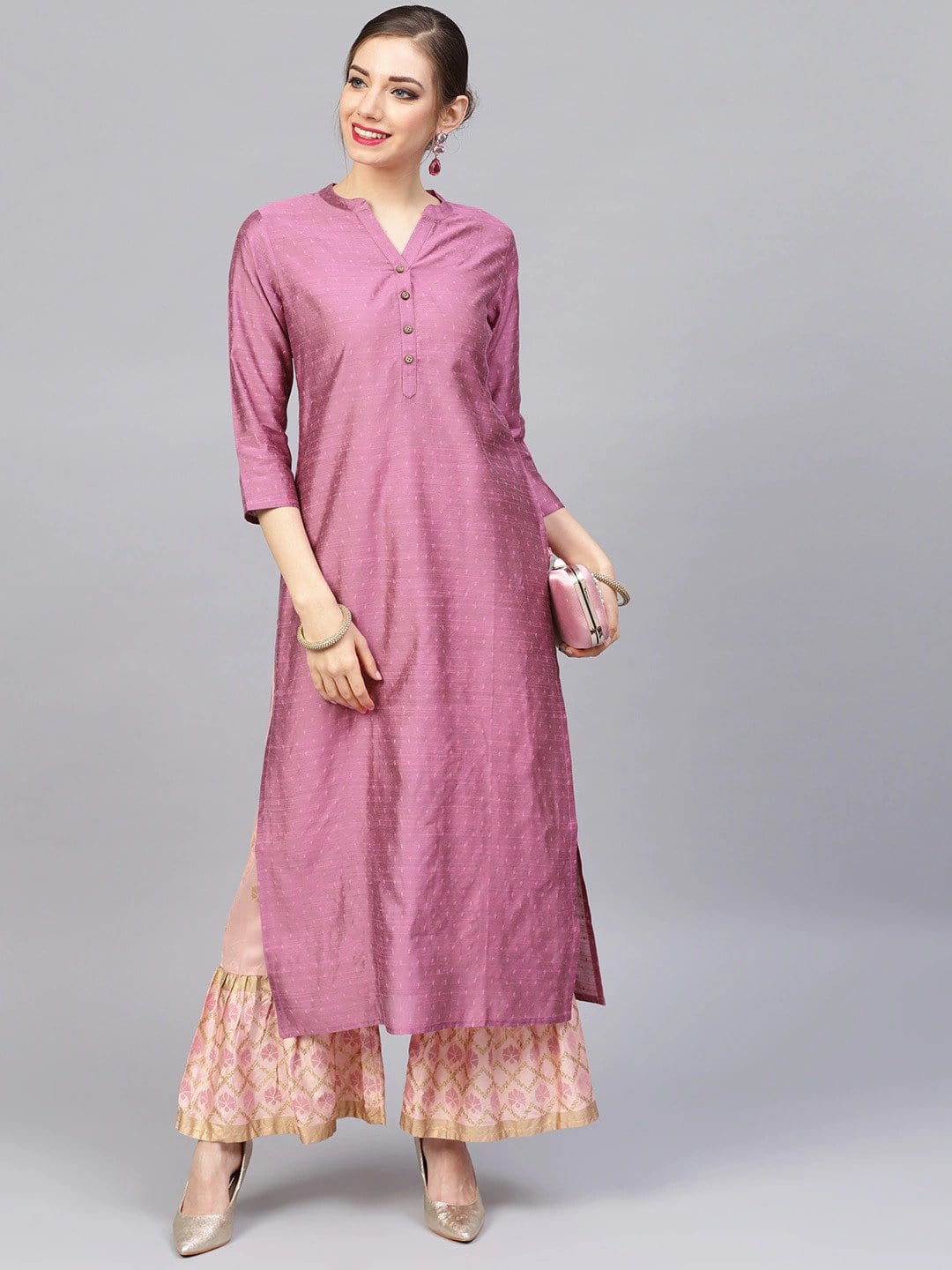 Women's Pink Dobby Woven Design Straight Kurta - Varanga