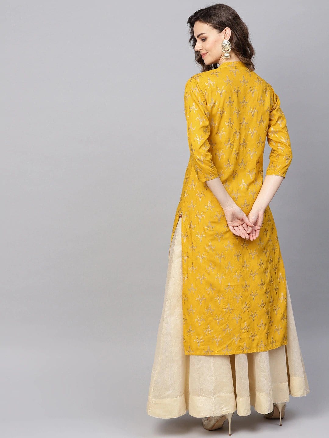 Women's Mustard Yellow & Golden Foil Print Straight Kurta - Varanga