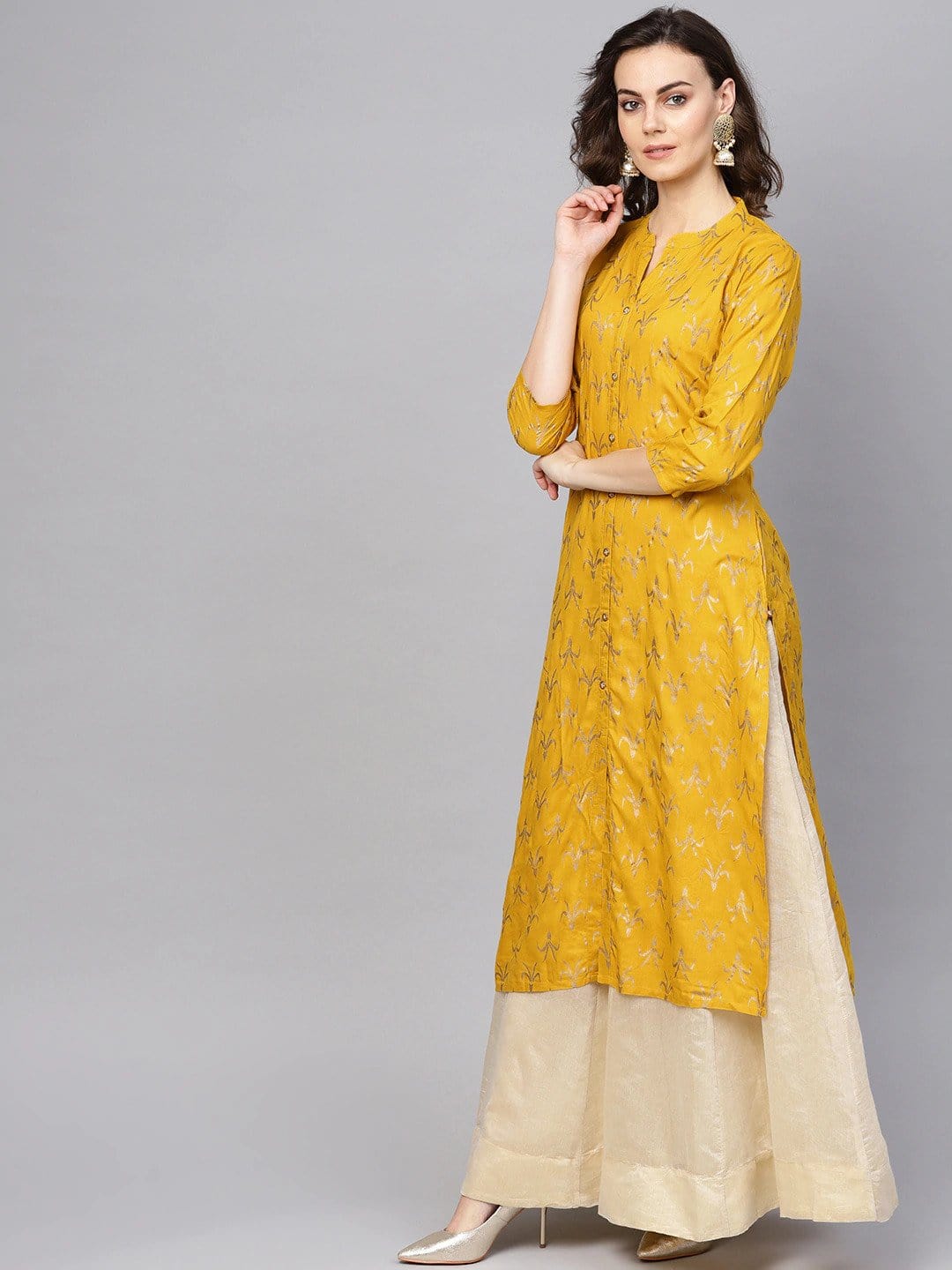 Women's Mustard Yellow & Golden Foil Print Straight Kurta - Varanga