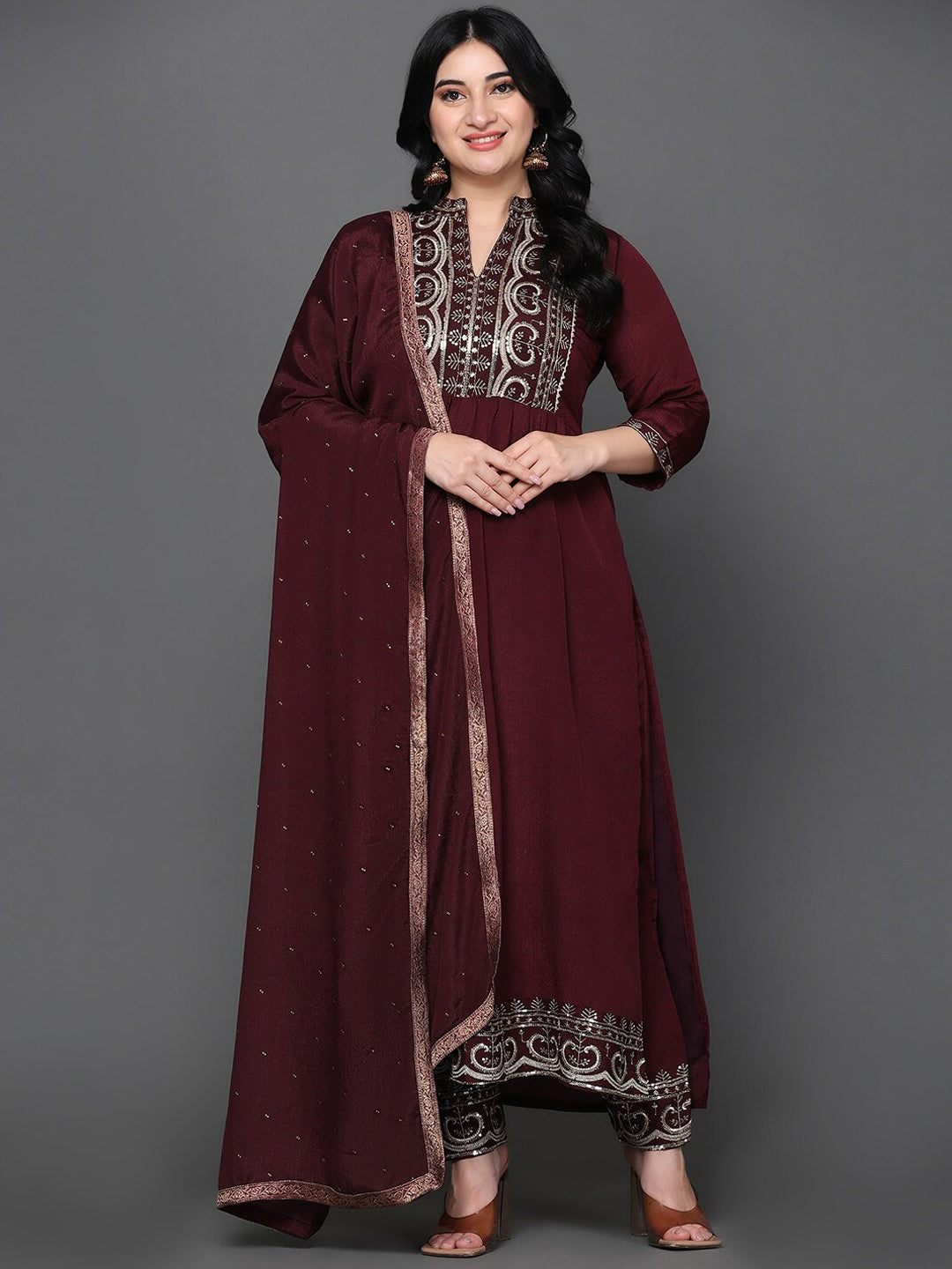 Women's Ethnic Motifs Embroidered Sequined Pure Silk Kurta With Trousers & Dupatta - Noz2Toz