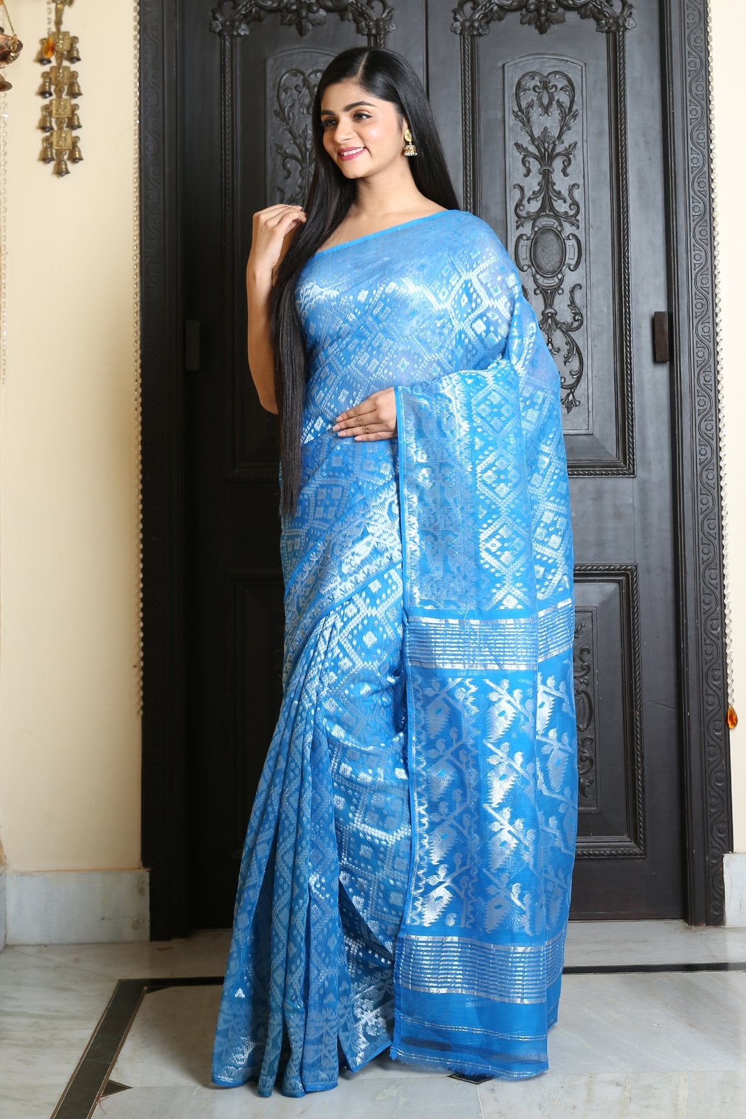 Women's Deep Sky Blue Jamdani Saree With All Over Silver Zari Work - In Weave Sarees