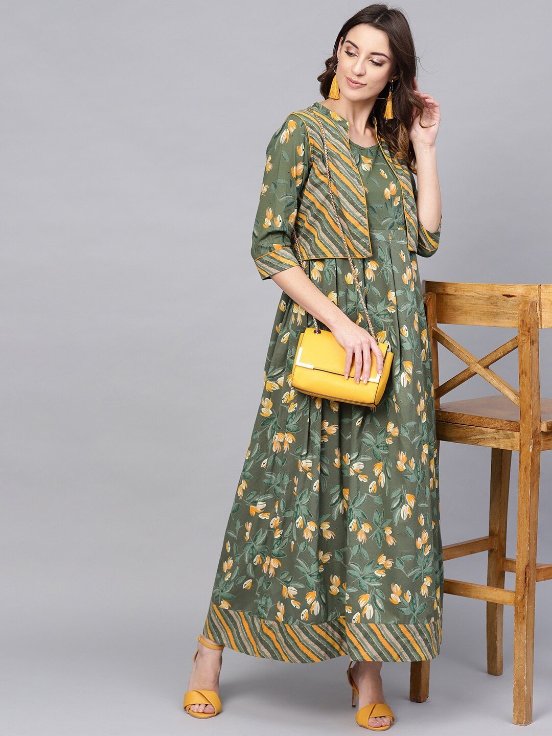Women's  Green & Yellow Floral Printed Maxi Dress with Ethnic Jacket - AKS