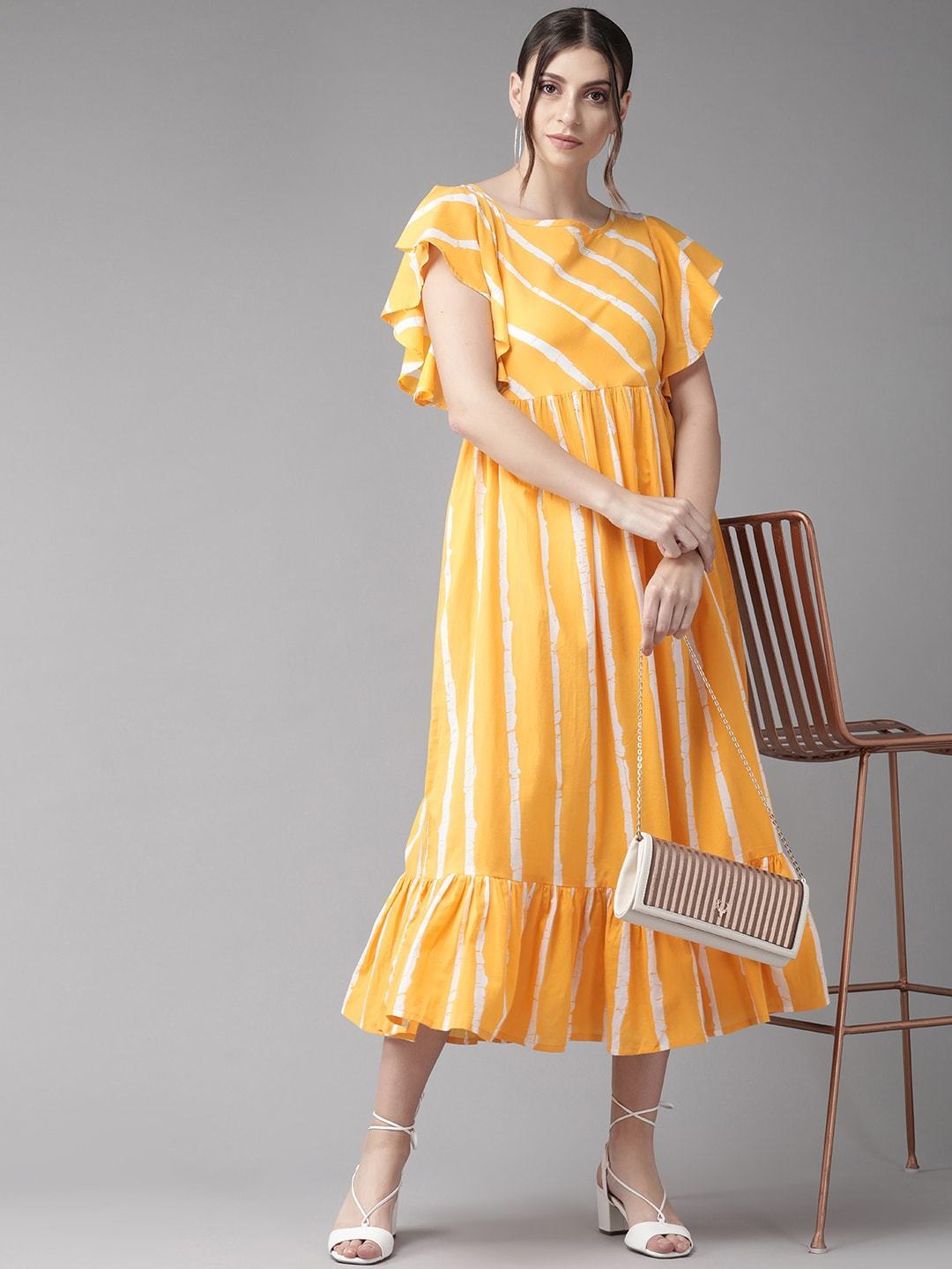 Women's  Mustard Yellow & White Striped A-Line Dress - AKS