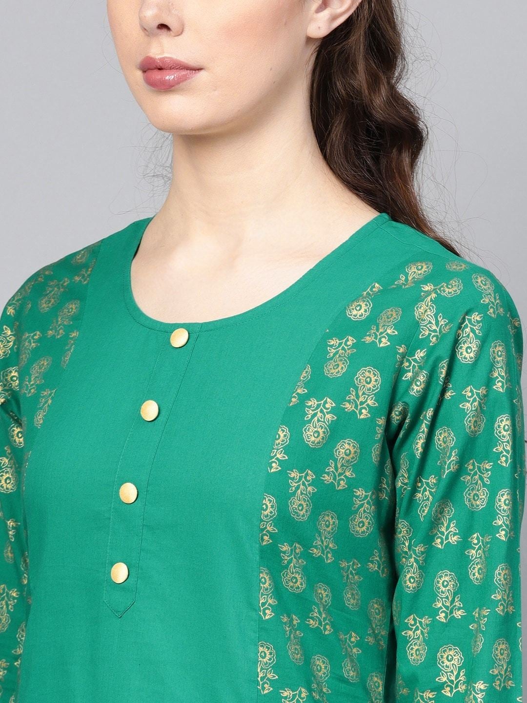 Women's Green & Gold-Coloured Floral Printed A-Line Kurta - Meeranshi