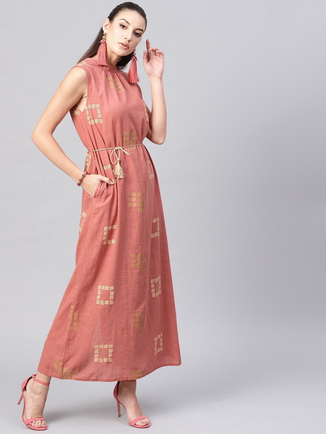 Women's  Dusty Pink & Beige Khari Print Maxi Dress - AKS