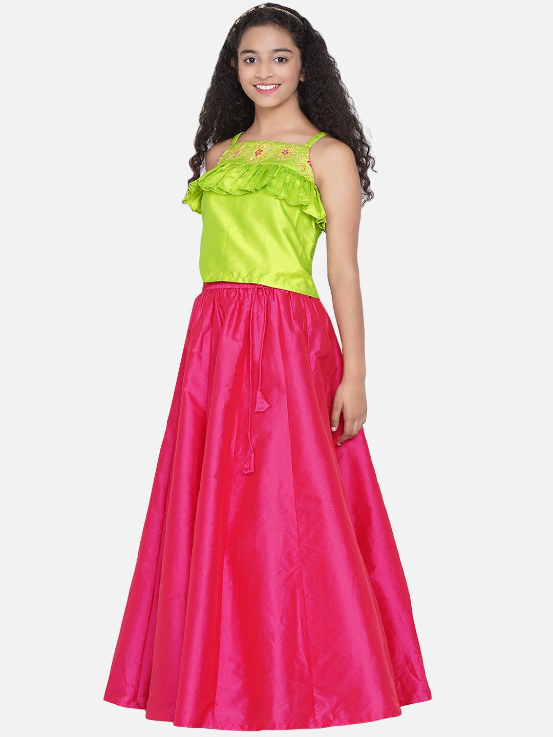 Girl's Green & Pink Embroidered Ready to Wear Lehenga Choli - NOZ2TOZ KIDS