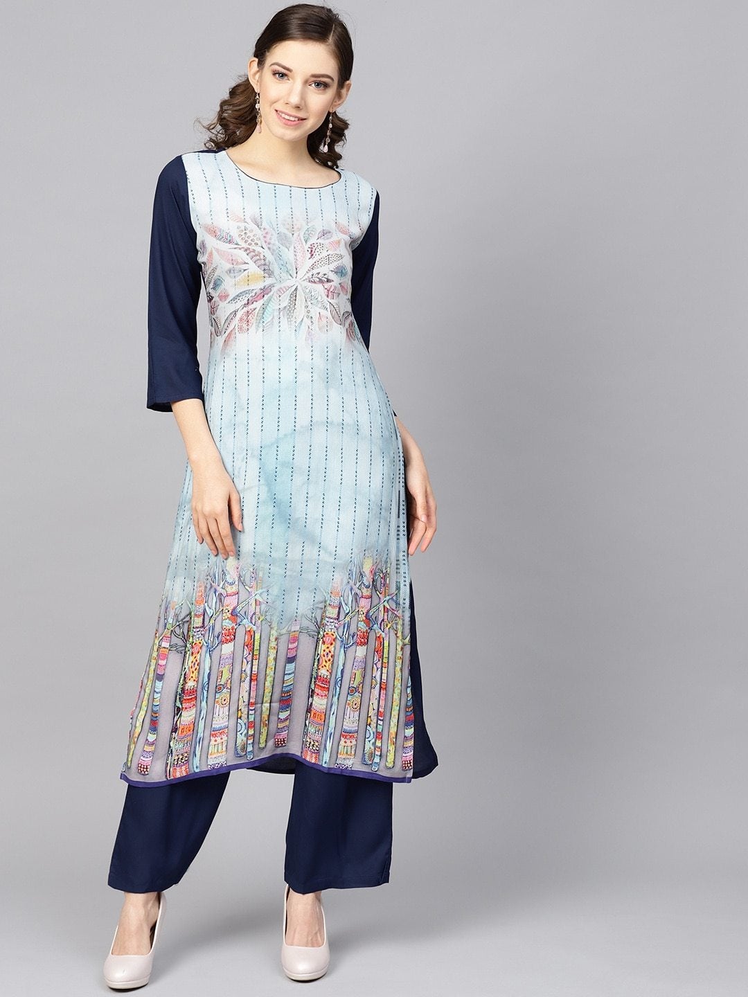 Women's Blue Printed Kurta with Trousers - Meeranshi