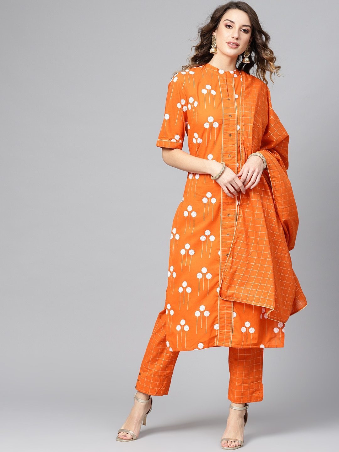 Women's  Orange & White Block Printed Kurta with Trousers & Dupatta - AKS