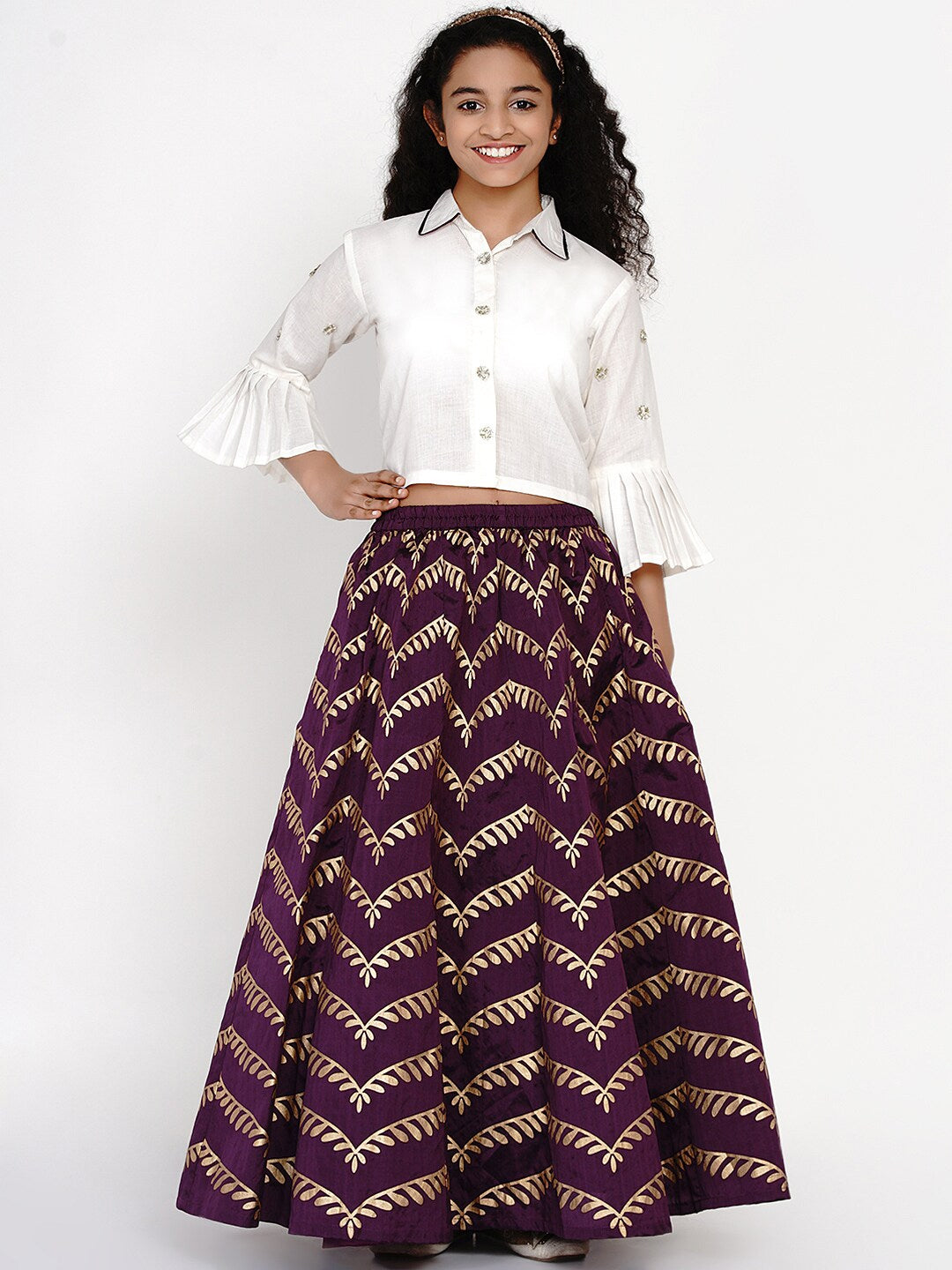 Girl's White & Purple Embellished Block Print Ready to Wear Lehenga - NOZ2TOZ KIDS