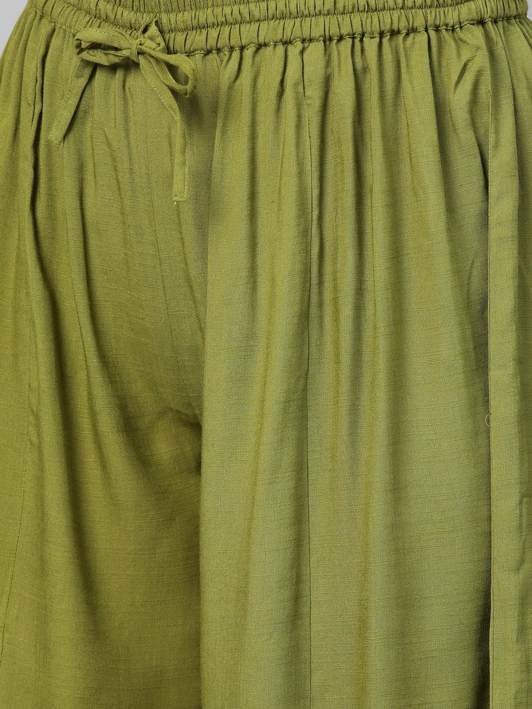 Women's  Green & Golden Printed Detail Kurta with Palazzos - AKS