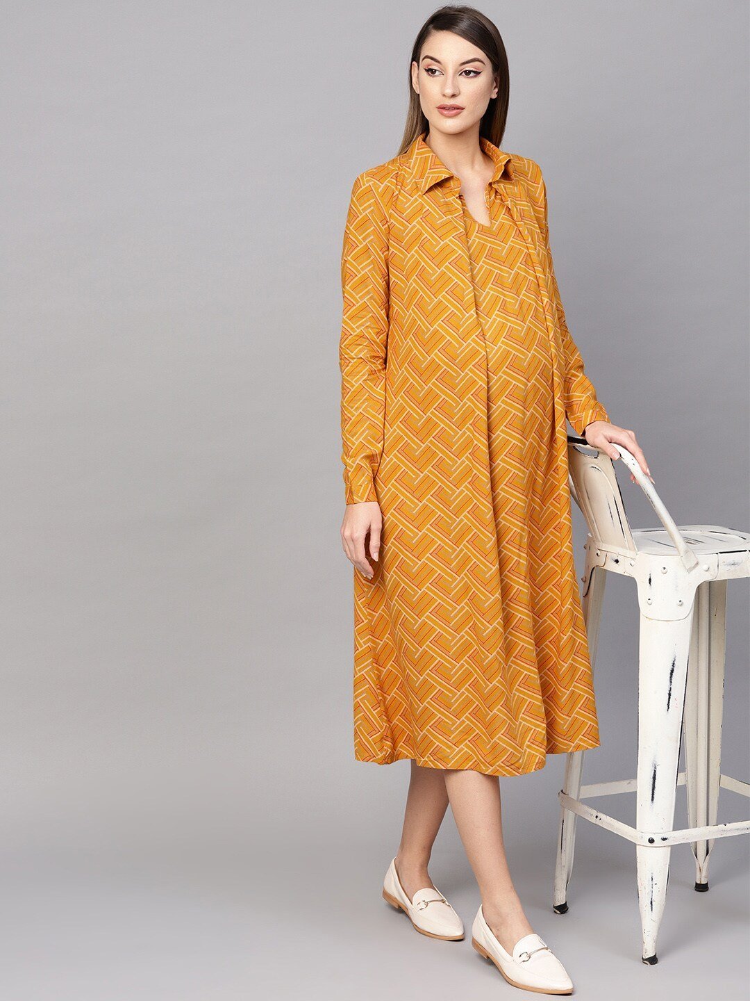 Women's  Mustard Yellow Printed Maternity Shirt Dress - AKS