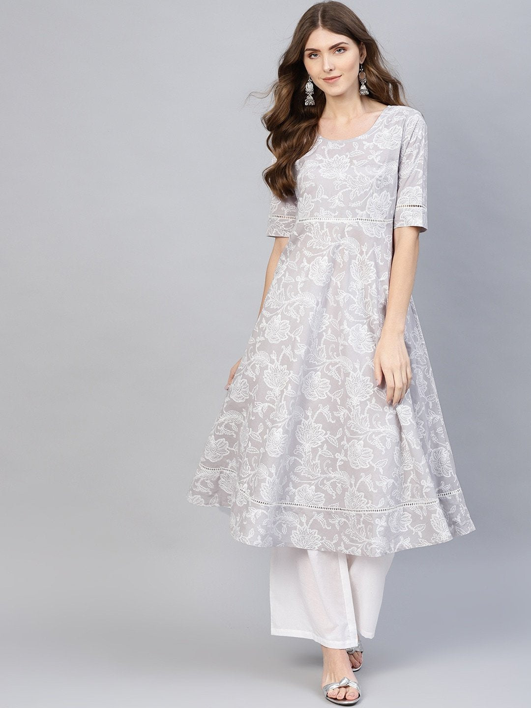 Women's  Grey & White Floral Khari Print A-Line Kurta - AKS