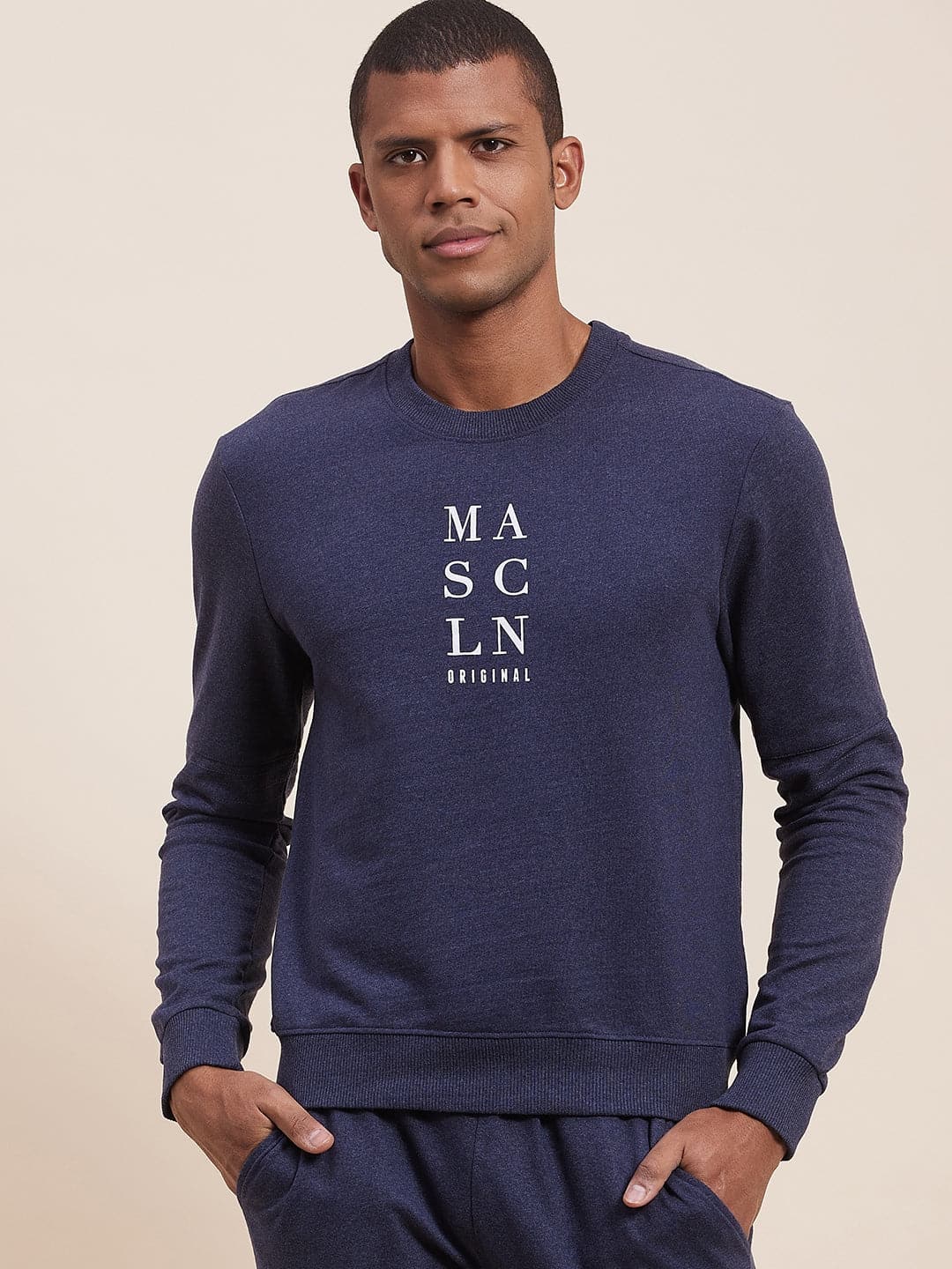 Men's Blue Melange Vertical MASCLN Print Sweatshirt - LYUSH-MASCLN