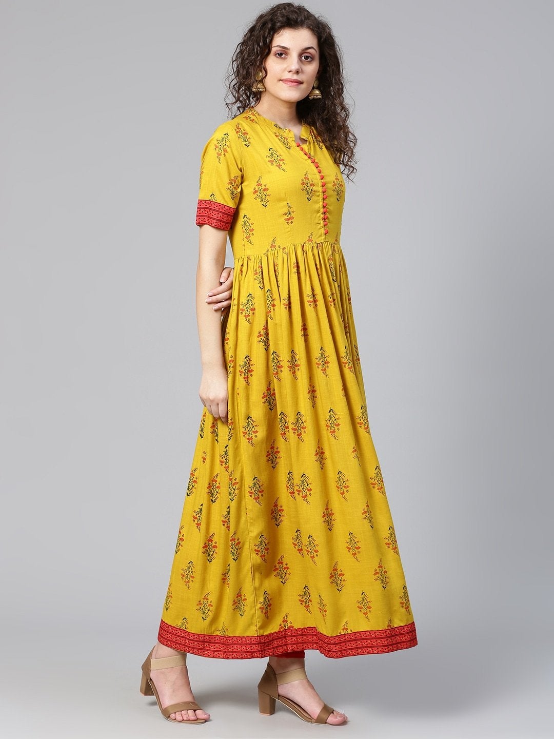 Women's Mustard Yellow & Red Printed A-Line Kurta - Meeranshi