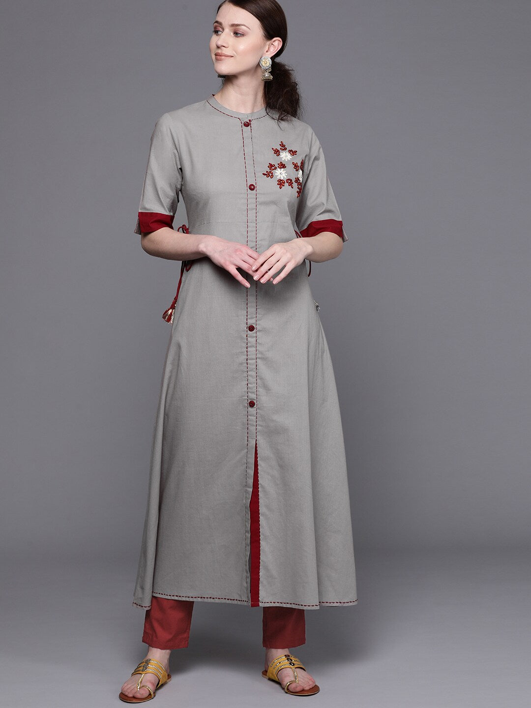 Women's Grey embroidered A-line kurta - Aks