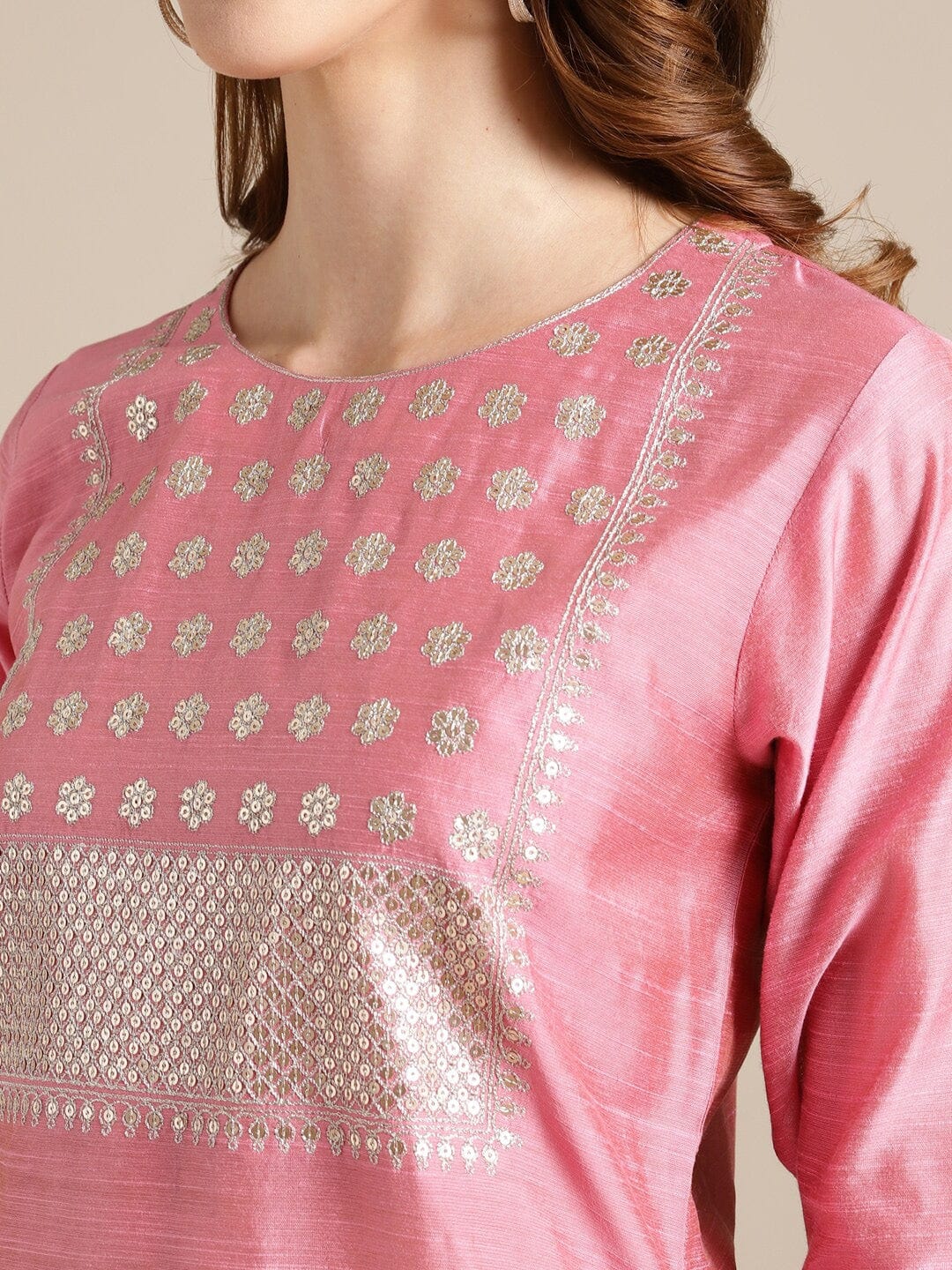 Women's Pink Floral Embroidered Thread Work Kurta with Trousers & With Dupatta - Varanga