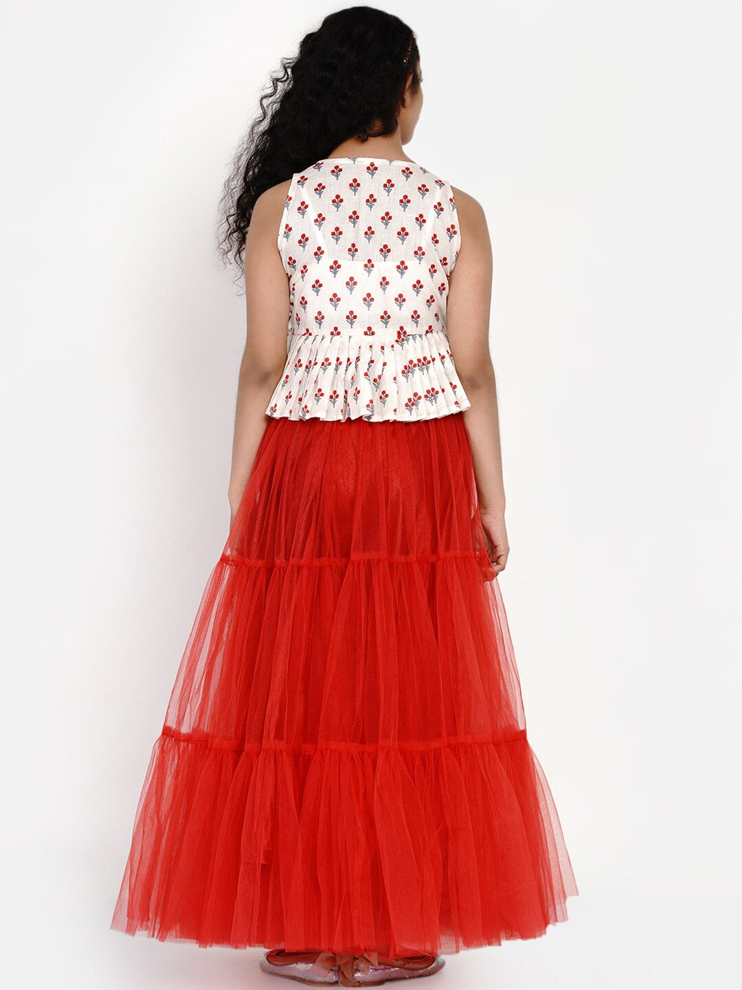 Girl's White & Red Printed Ready To Wear Lehenga & Ready To Wear Choli - NOZ2TOZ KIDS