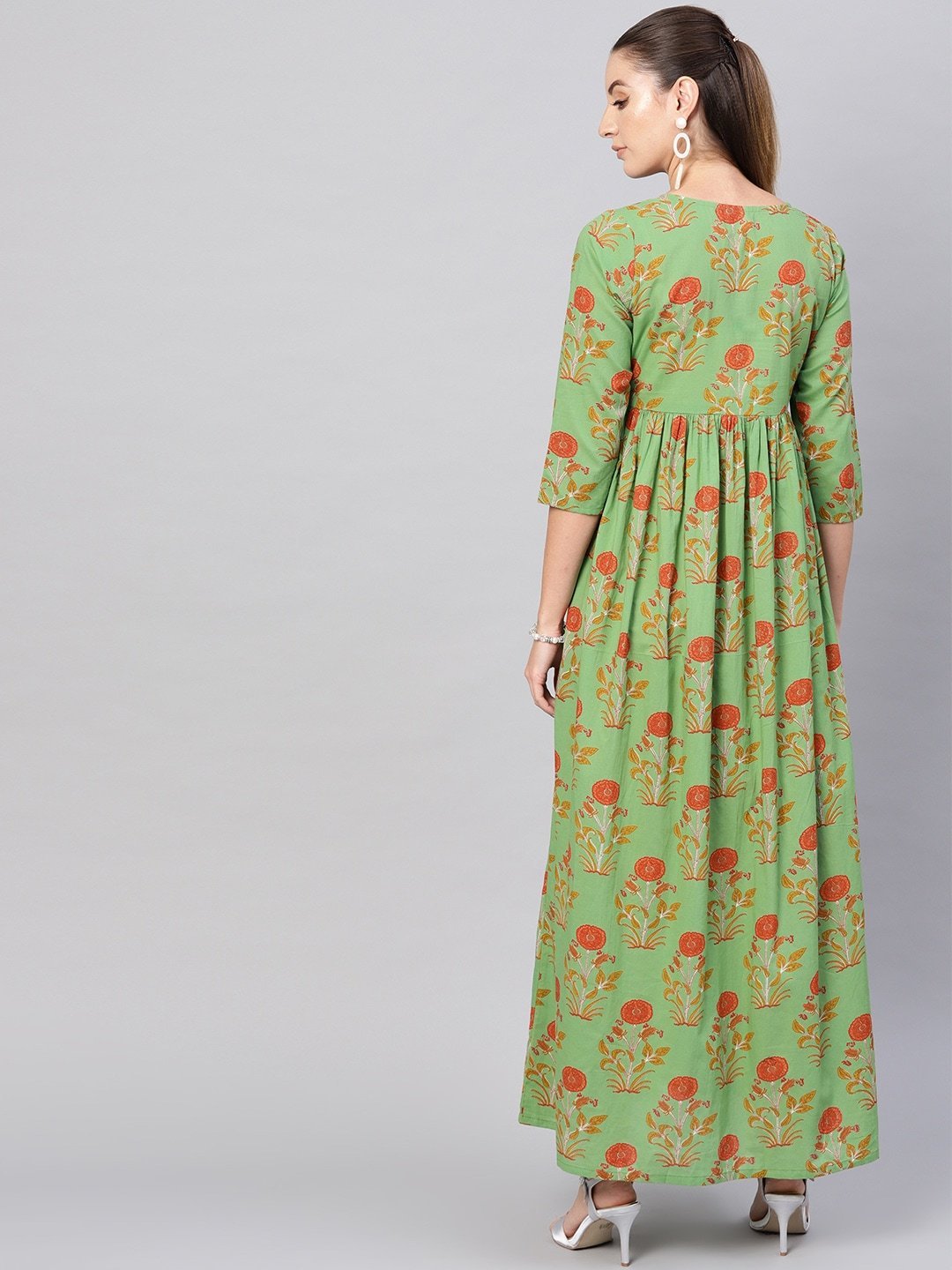 Women's  Green & Orange Floral Print Maxi Dress - AKS